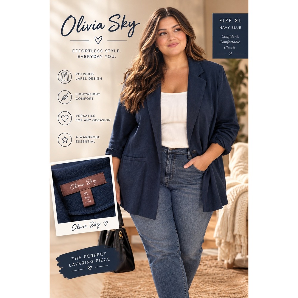 Olivia Sky Women's Navy Blue Knit Blazer Size XL Open Front Stretch Work Jacket
